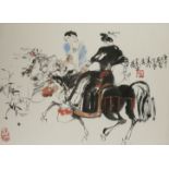 SHI DAWEI (1950-) FIGURES ON HORSEBACK A Chinese painting, ink and colour on paper, inscribed and
