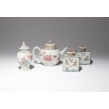 FOUR CHINESE PORCELAIN ITEMS 18TH CENTURY Comprising: a famille rose teapot painted with two large