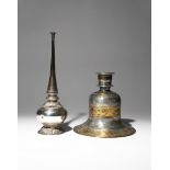 A MIDDLE EASTERN SILVER-COLOURED METAL HOOKAH BASE AND A WATER SPRINKLER 19TH CENTURY The hookah