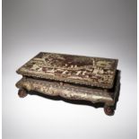 A SMALL CHINESE MOTHER OF PEARL INLAID LACQUER TABLE LATE MING DYNASTY The rectangular top decorated