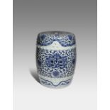 A CHINESE BLUE AND WHITE BARREL-SHAPED GARDEN SEAT QING DYNASTY Painted to the sides with continuous