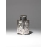 A CHINESE SILVER HEXAGONAL-SECTION TEA CANISTER AND COVER C.1900 Decorated to each facet with sprays