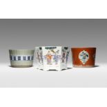 THREE CHINESE PORCELAIN JARDINIERES LATE QING DYNASTY One decorated with a blue and white band of