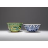 A CHINESE YELLOW-GROUND 'DRAGON' BOWL AND A BLUE AND WHITE 'BAXIAN' TEA BOWL 19TH CENTURY The yellow