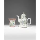 A CHINESE FAMILLE ROSE WALL VASE AND A HEXAGONAL-SECTION TEAPOT AND COVER LATE QING DYNASTY/REPUBLIC