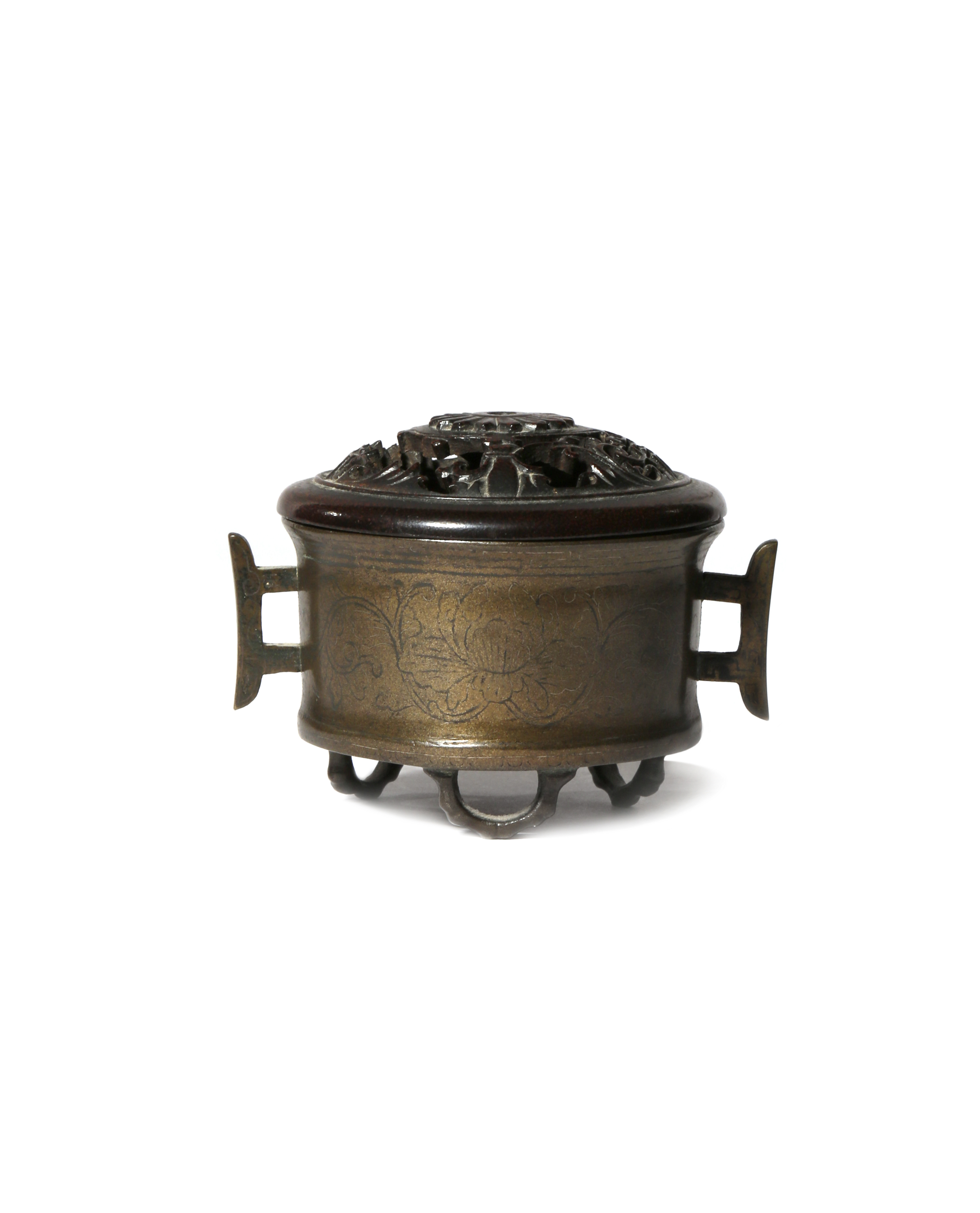 A SMALL CHINESE 'SHI SOU' BRONZE INCENSE BURNER 18TH/19TH CENTURY The cylindrical body inlaid with
