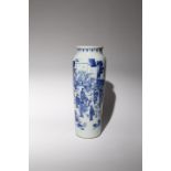 A CHINESE BLUE AND WHITE TRANSITIONAL STYLE SLEEVE VASE 19TH OR 20TH CENTURY The tall cylindrical
