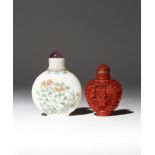 TWO CHINESE SNUFF BOTTLES 19TH/20TH CENTURY One carved in cinnabar lacquer with a lady and boy