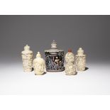 λ FIVE CHINESE IVORY SNUFF BOTTLES 19TH CENTURY One gourd-shaped and carved with insects perched