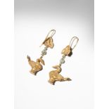 A PAIR OF CHINESE GOLD EARRINGS PROBABLY LIAO DYNASTY Each shaped as a seated goose, their wings and