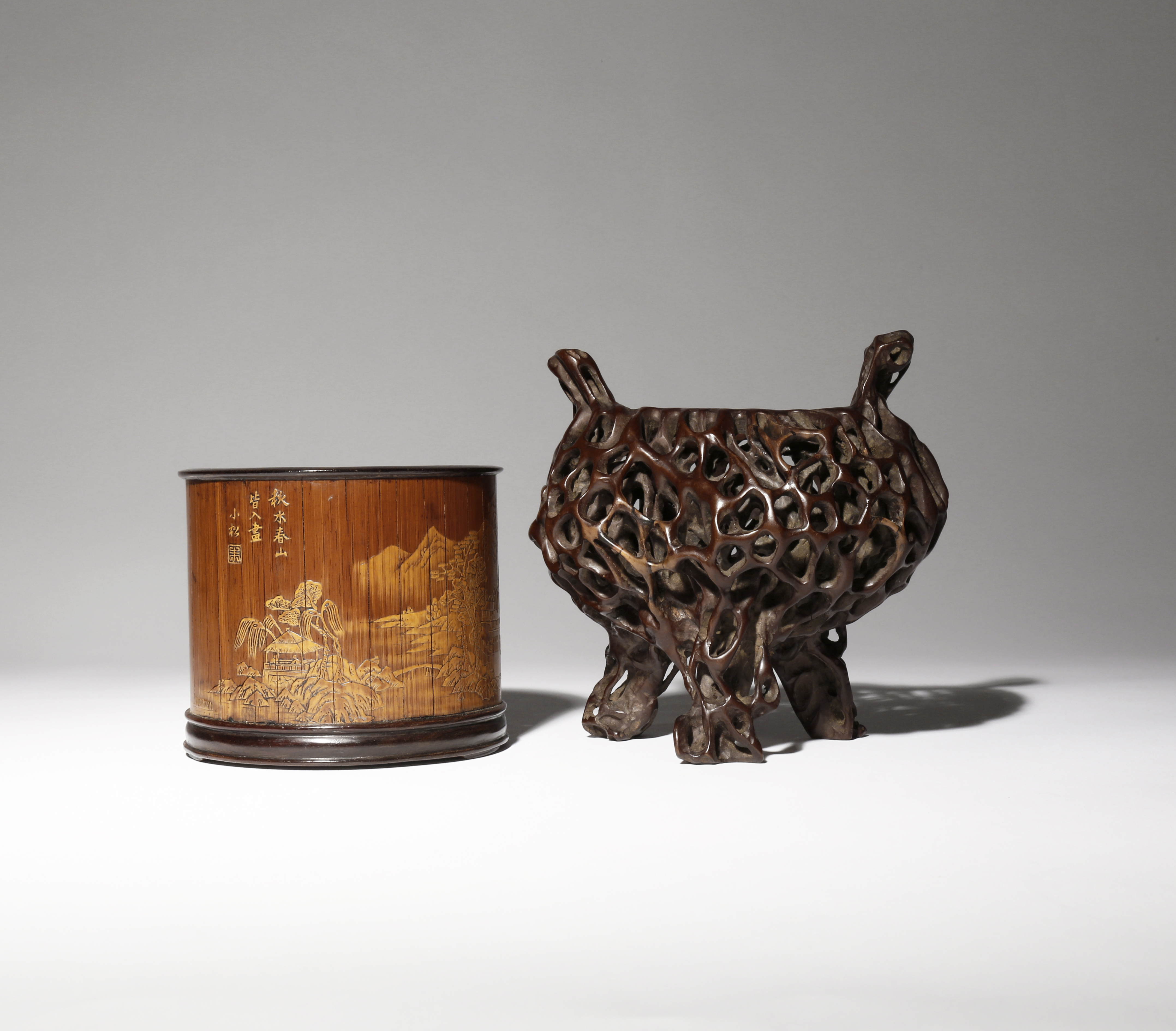 A CHINESE VENEERED BAMBOO BRUSHPOT AND A WOOD INCENSE BURNER QING DYNASTY The bitong with a