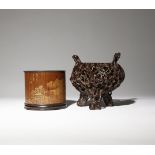 A CHINESE VENEERED BAMBOO BRUSHPOT AND A WOOD INCENSE BURNER QING DYNASTY The bitong with a