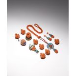 A SMALL COLLECTION OF CHINESE CORAL AND KINGFISHER FEATHER ITEMS QING DYNASTY Comprising: a necklace
