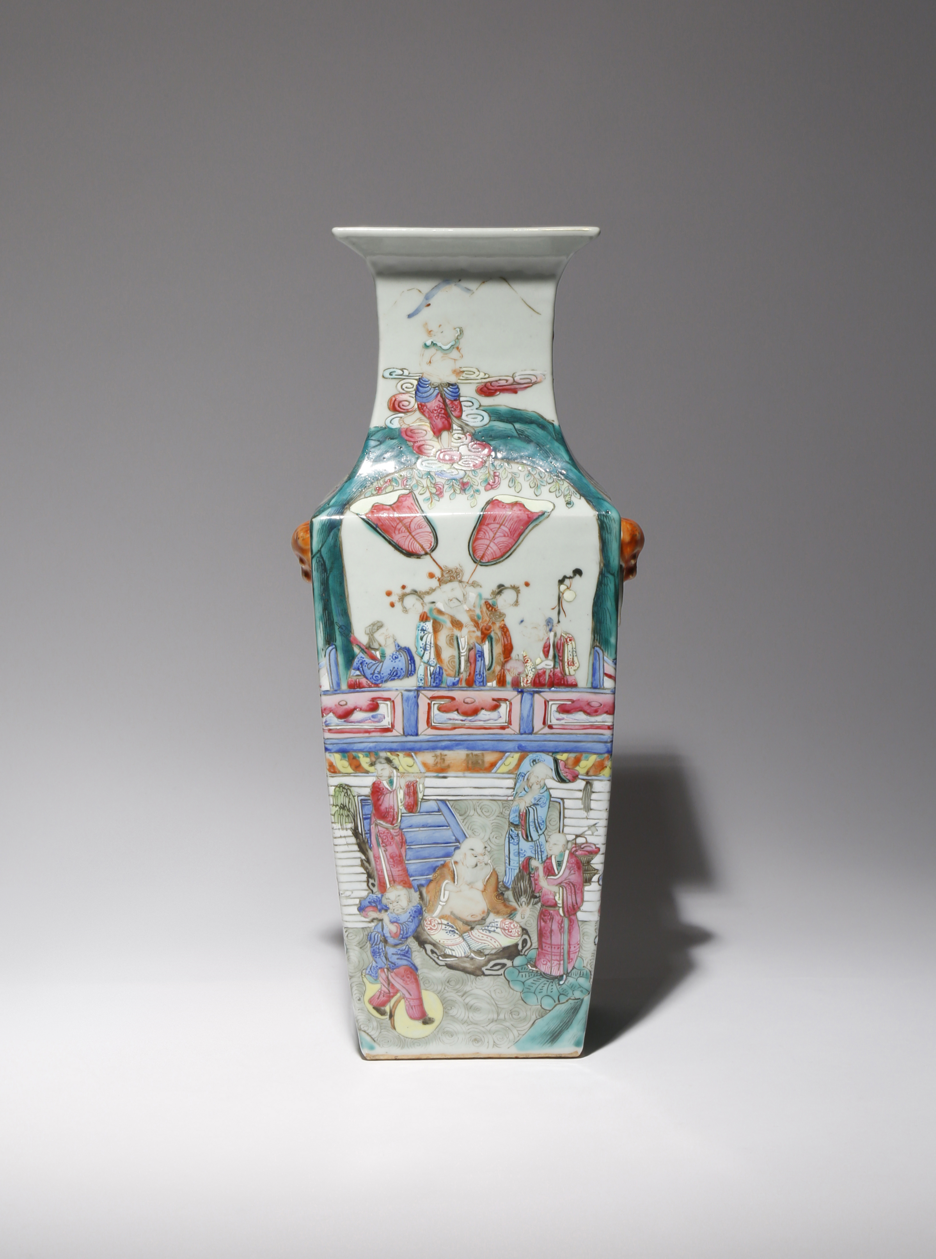 A CHINESE CANTON FAMILLE ROSE SQUARE-SECTION VASE 19TH CENTURY The tapering body surmounted by a