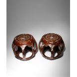 A PAIR OF CHINESE MOTHER OF PEARL INLAID WOOD BARREL-SHAPED STOOLS LATE QING DYNASTY Each with a