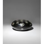 A CHINESE MOTHER OF PEARL INLAID BLACK LACQUER BOX AND COVER 19TH CENTURY Of circular form, the