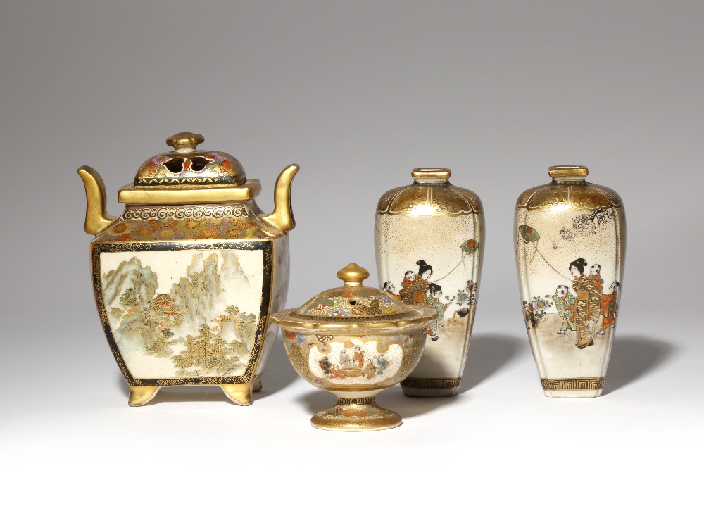 A PAIR OF JAPANESE SATSUMA VASES AND TWO INCENSE BURNERS, KORO MEIJI PERIOD, 19TH CENTURY The