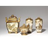 A PAIR OF JAPANESE SATSUMA VASES AND TWO INCENSE BURNERS, KORO MEIJI PERIOD, 19TH CENTURY The