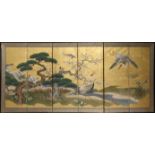 A SMALL JAPANESE SIX-FOLD PAPER SCREEN, BYOBU MEIJI PERIOD, 19TH CENTURY Painted with two large