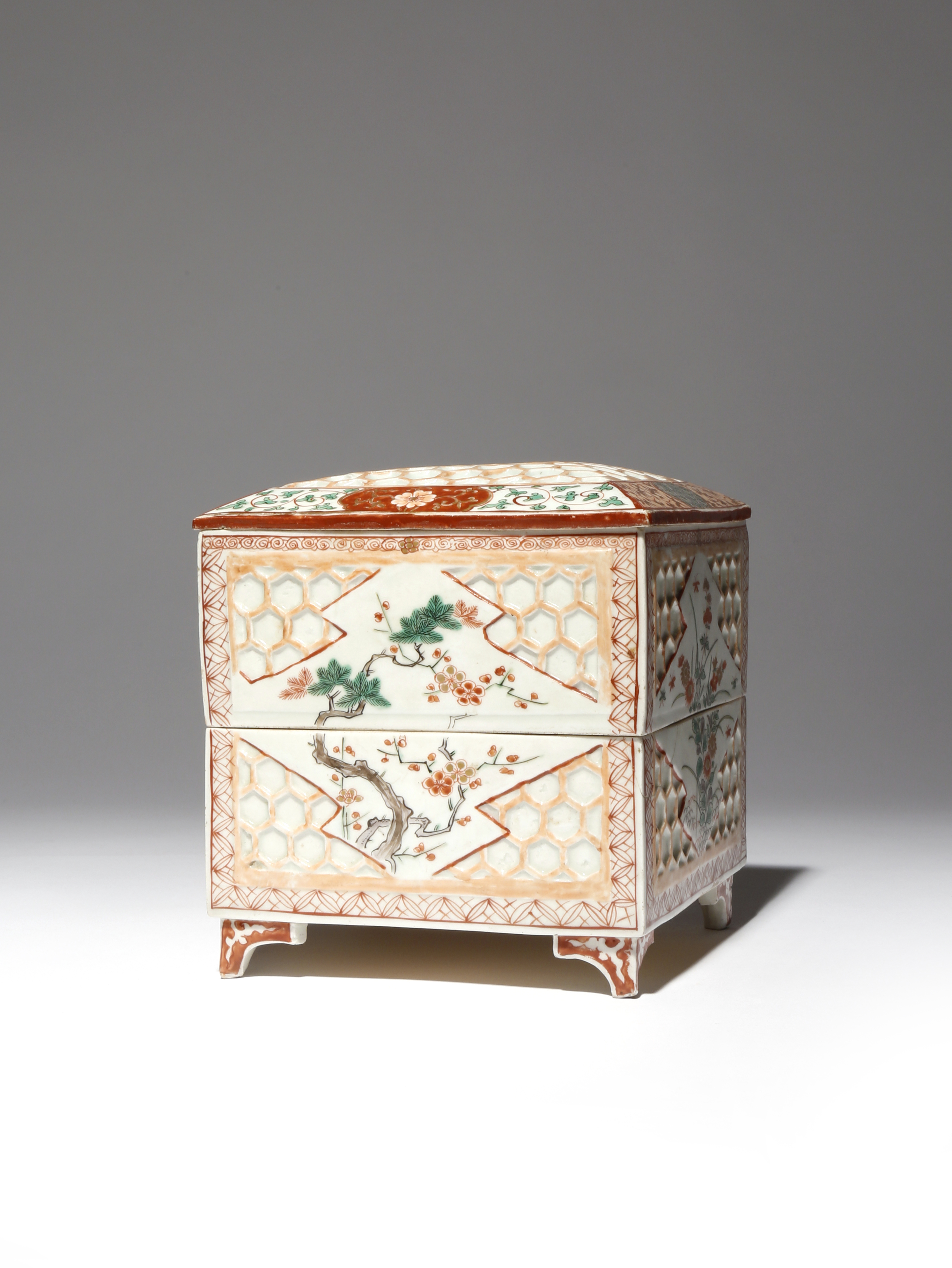 A JAPANESE KUTANI TWO-TIER PICNIC BOX, JUBAKO MEIJI PERIOD, 19TH OR 20TH CENTURY Of square shape and