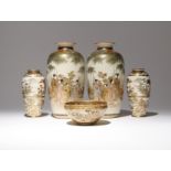 FIVE JAPANESE SATSUMA PIECES MEIJI PERIOD, 19TH CENTURY Comprising: two pairs of vases and a bowl,