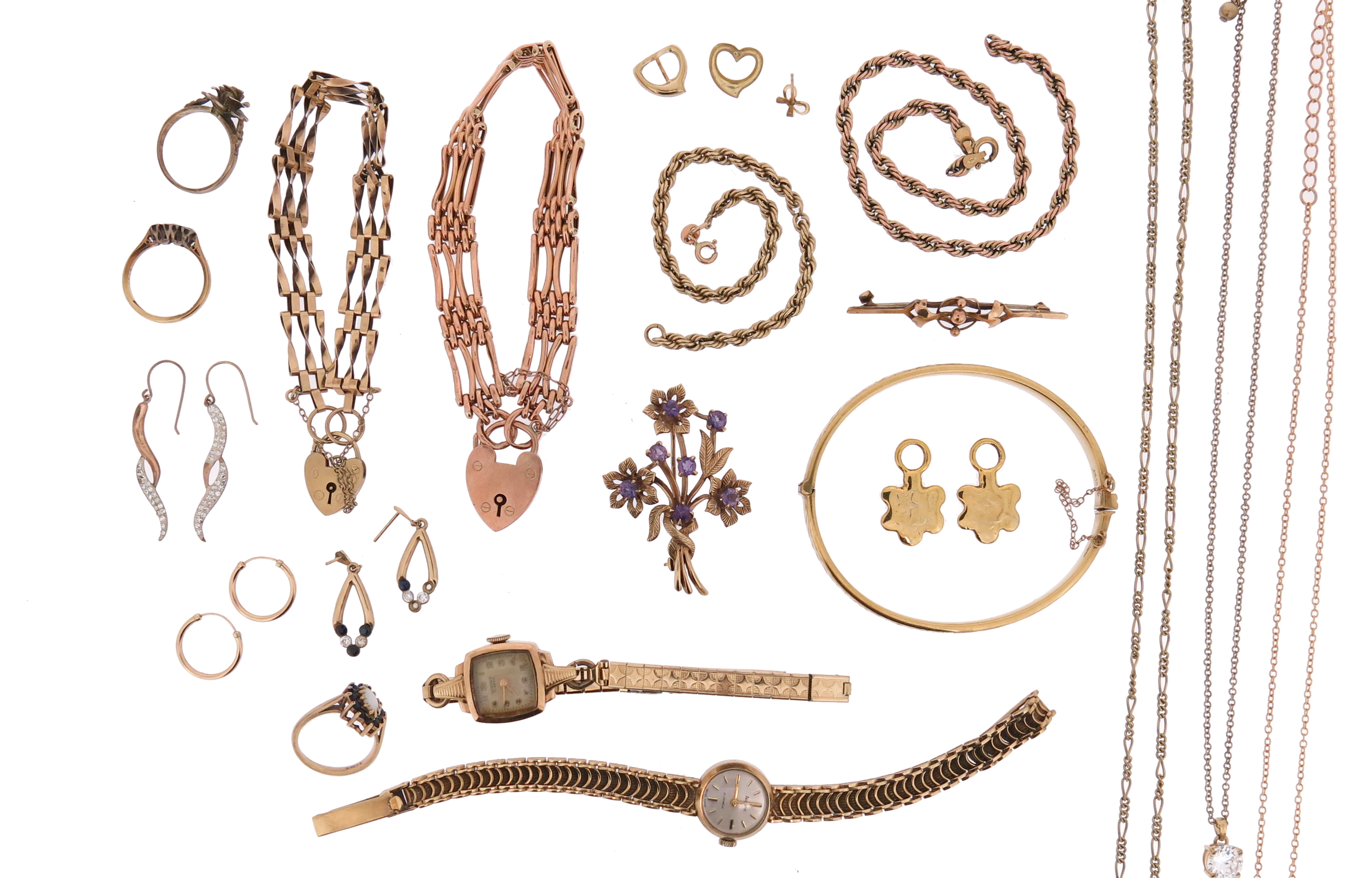 Various items of gold jewellery, including a bangle, two bracelets, a wristwatch, chains, earrings