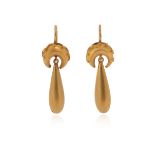 A pair of Victorian gold earrings, the crescent upper sections with ropetwist and pellet decoration,