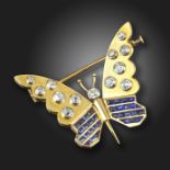 A mid 20th century gem-set gold butterfly brooch, set with calibre-cut sapphires and round