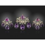 A late 18th century amethyst brooch pendant and earrings, of girandole design, each square cushion-