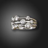 A diamond nine-stone ring, the three rows each rubover-set with graduated round brilliant-cut