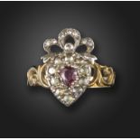 A George III ruby and diamond cluster ring, the heart-shaped cluster centred with a pear-shaped ruby