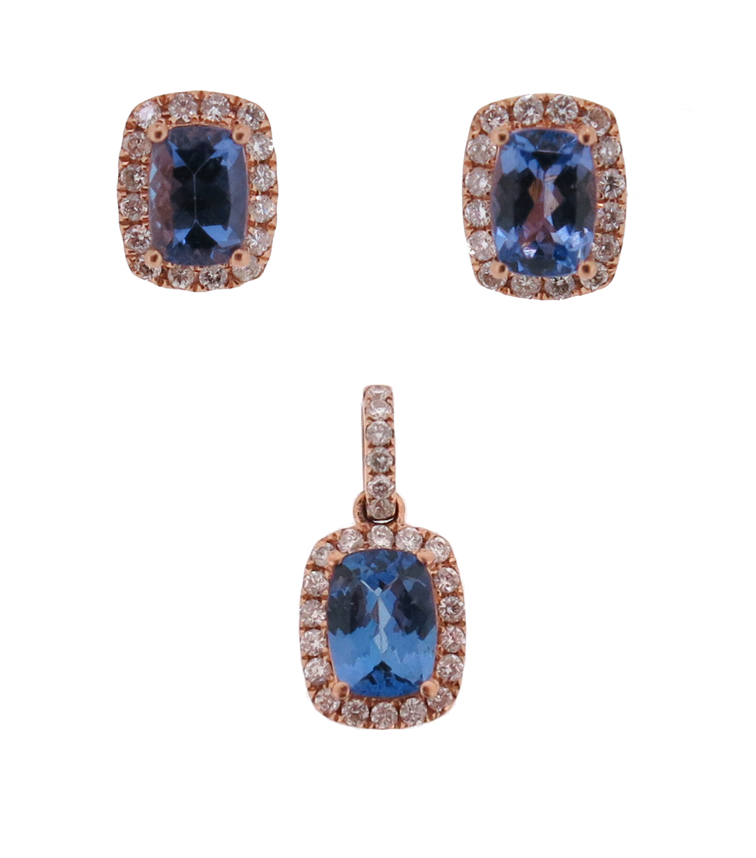 A set of diamond and tanzanite-set jewellery, comprising a pendant and earrings, set with cushion-