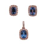 A set of diamond and tanzanite-set jewellery, comprising a pendant and earrings, set with cushion-