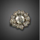 A diamond foliate cluster ring, set with graduated rose-cut diamonds in silver and gold, size O