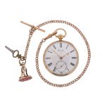 A Victorian 18ct gold open faced pocket watch by Arnold, the white enamel dial with black Roman