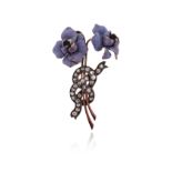 A late Victorian diamond-set foliate brooch, designed as a posy of wild violets, with lilac enamel