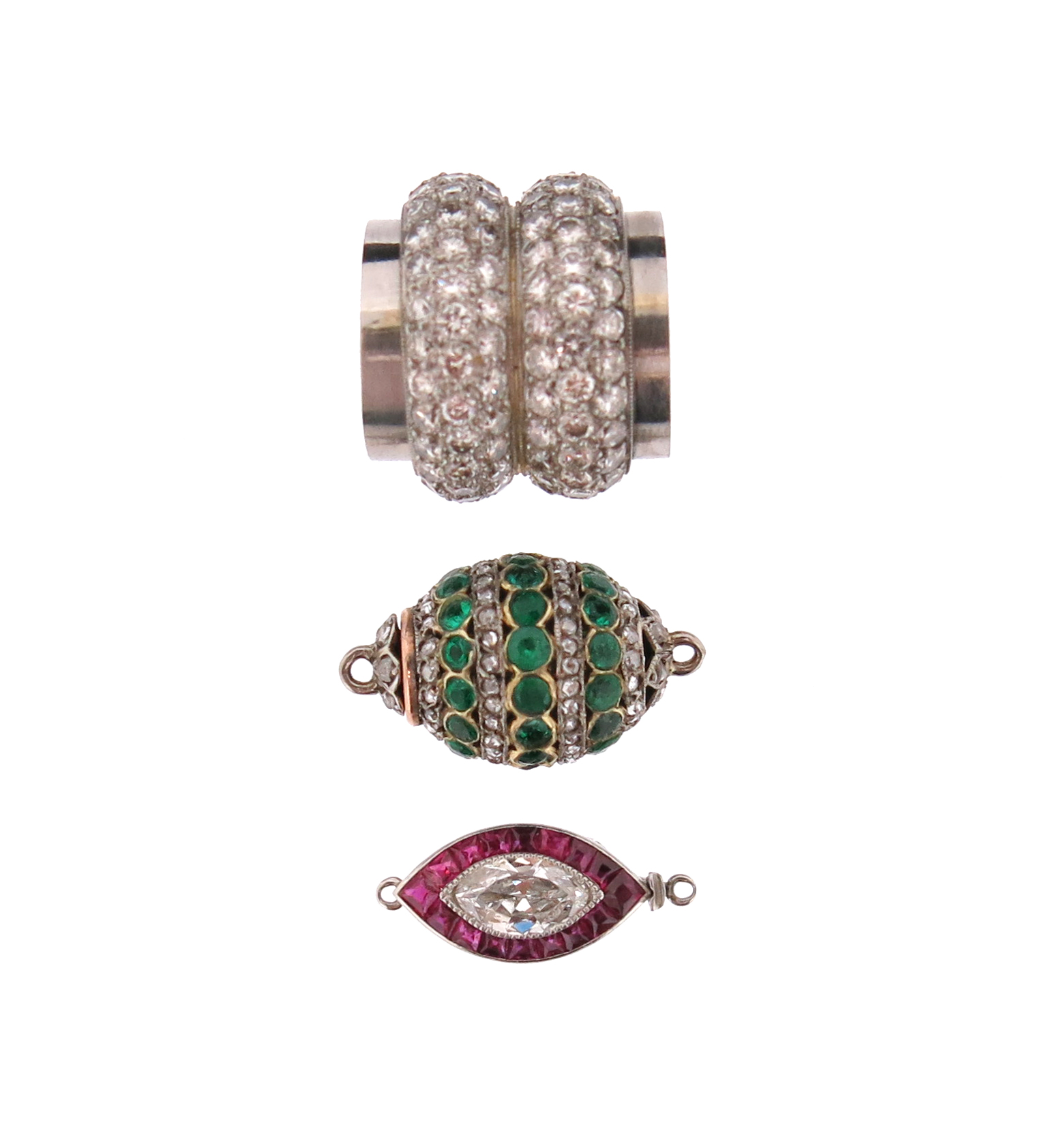 Three diamond and gem-set clasps, including a navette-shaped ruby and diamond clasp, 16mm, a