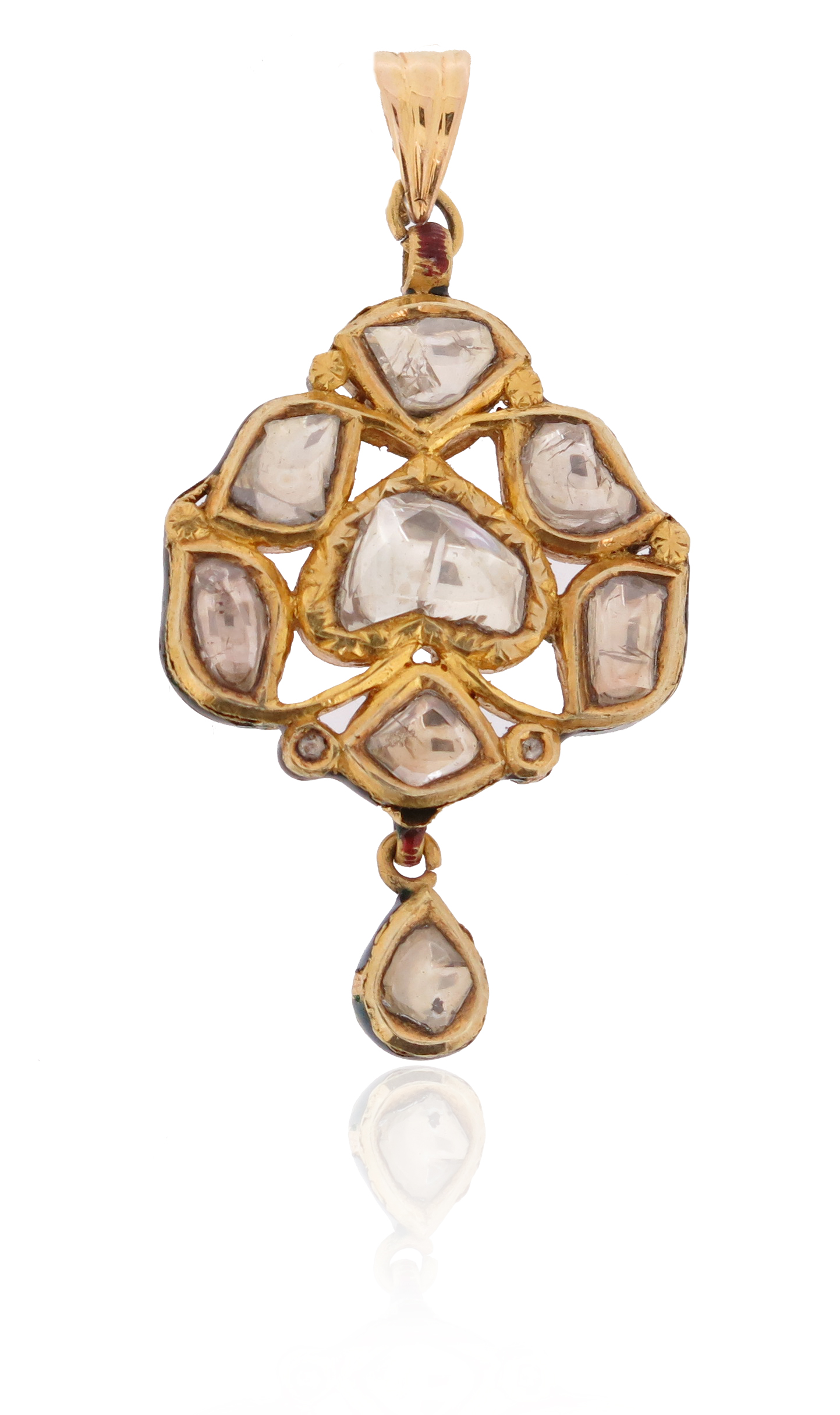 An Indian diamond and enamel pendant, set with seven flat-cut diamonds and suspending a further