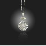 A diamond-set pendant, pave-set with round brilliant-cut diamonds within a spray surround of