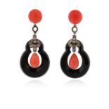 A pair of coral and onyx drop earrings, set with diamonds (two missing) in silver 4.8cm high