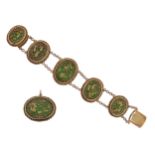 An Indian gold Pertabghar bracelet and brooch, the oval links with green enamel decoration depicting