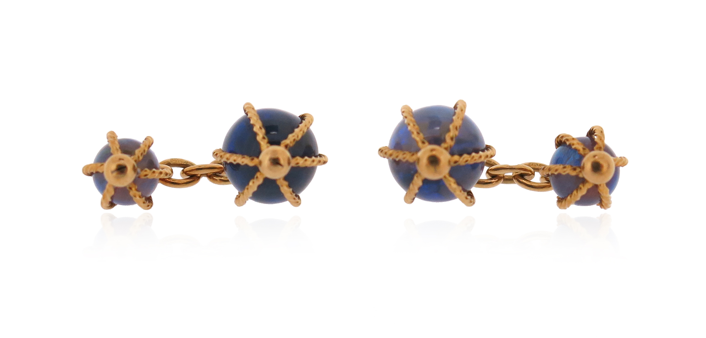 A pair of opal bead-mounted gold cufflinks, each opal bead contained in an 18ct yellow gold cage - Image 2 of 2