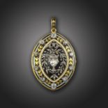A late 19th century gold enamel and diamond-set memorial locket pendant, the diamond-set urn