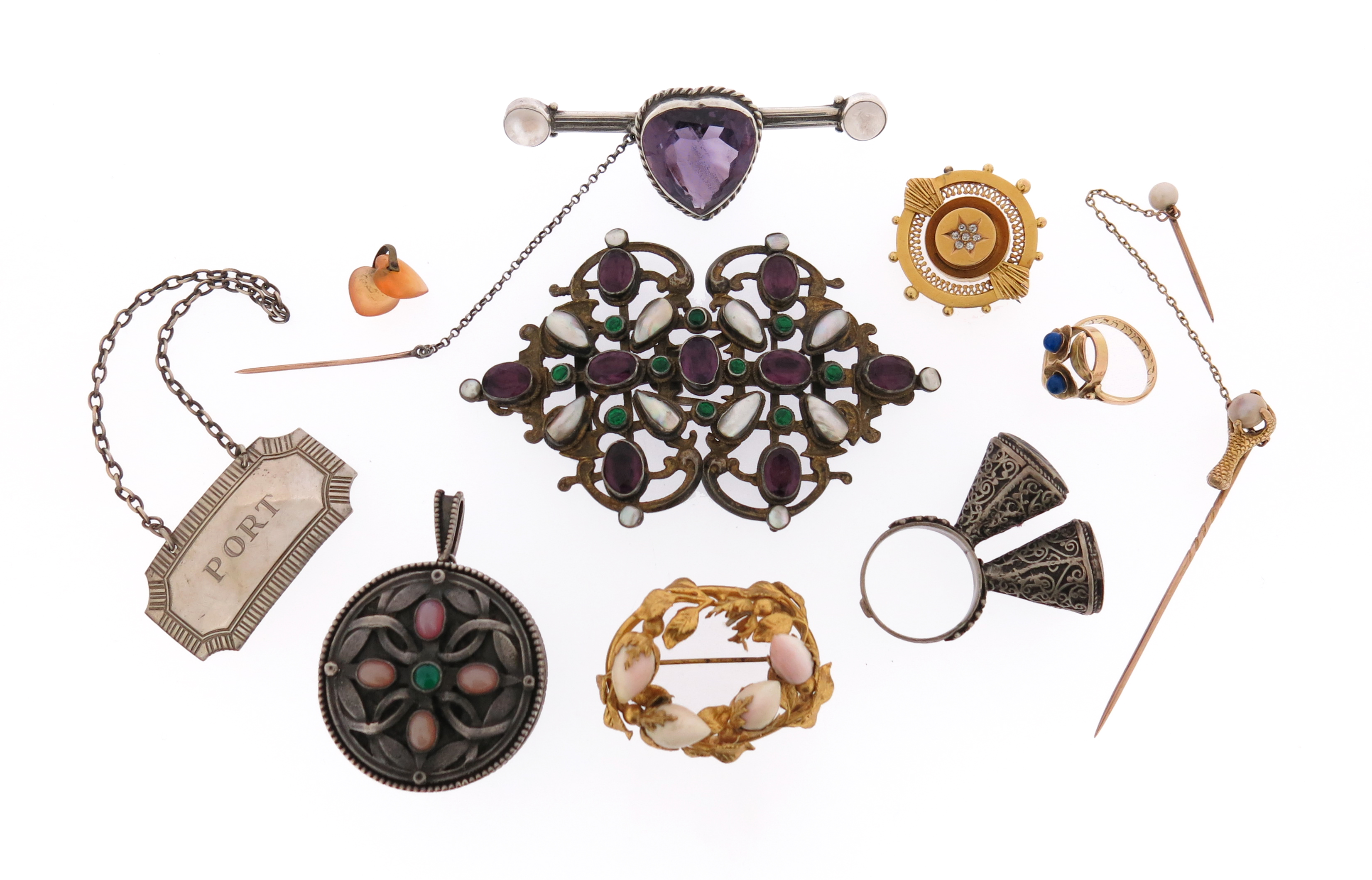 Various items of jewellery, including a paste-set gilt metal buckle, maker's mark KT, an amethyst