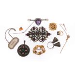 Various items of jewellery, including a paste-set gilt metal buckle, maker's mark KT, an amethyst