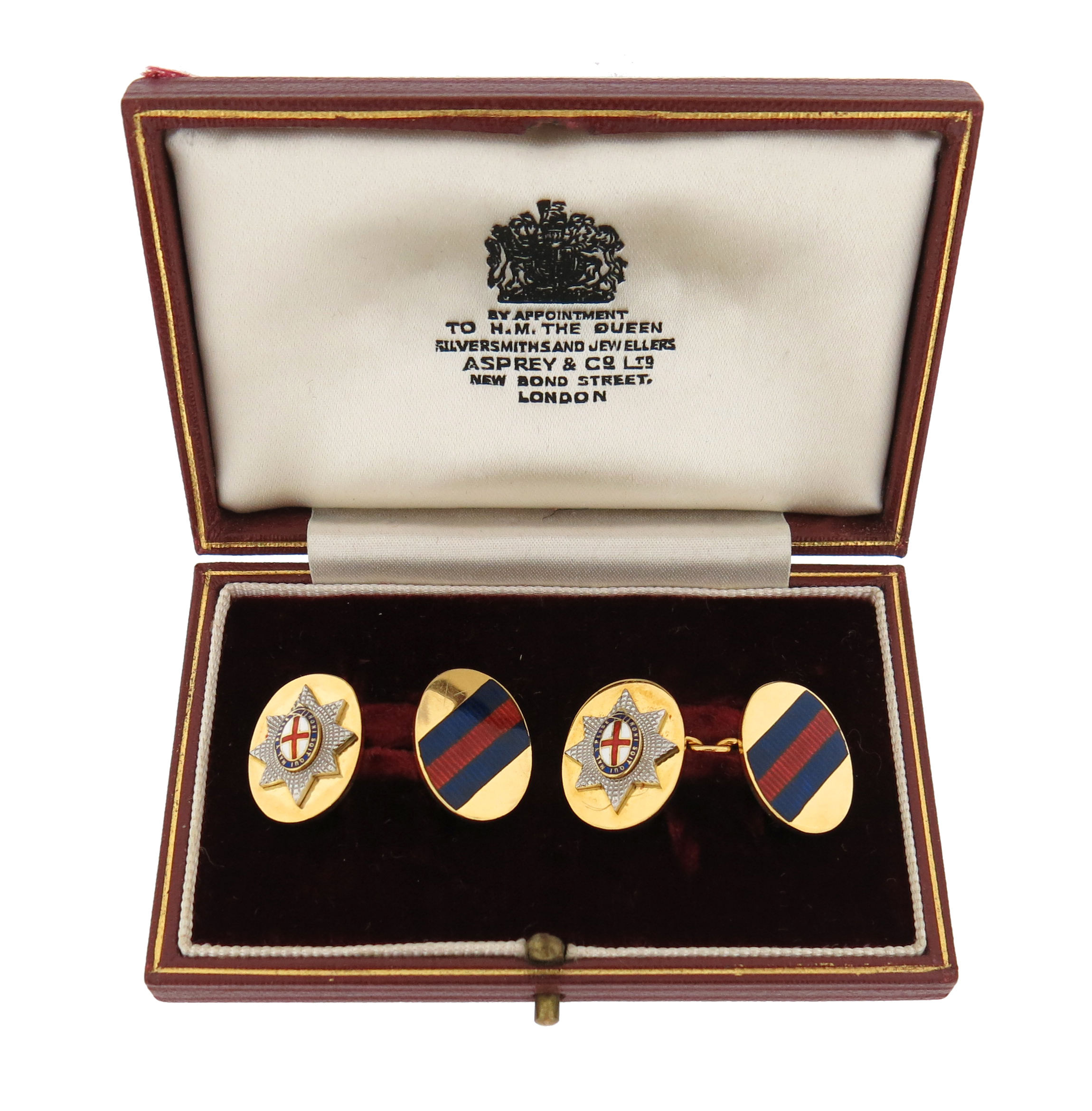 A pair of Regimental 18ct gold and enamel cufflinks, for the Coldstream Guards, maker JWB and