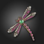 A gem-set dragonfly brooch, the body formed from a cabochon emerald and kite-shaped rubies with