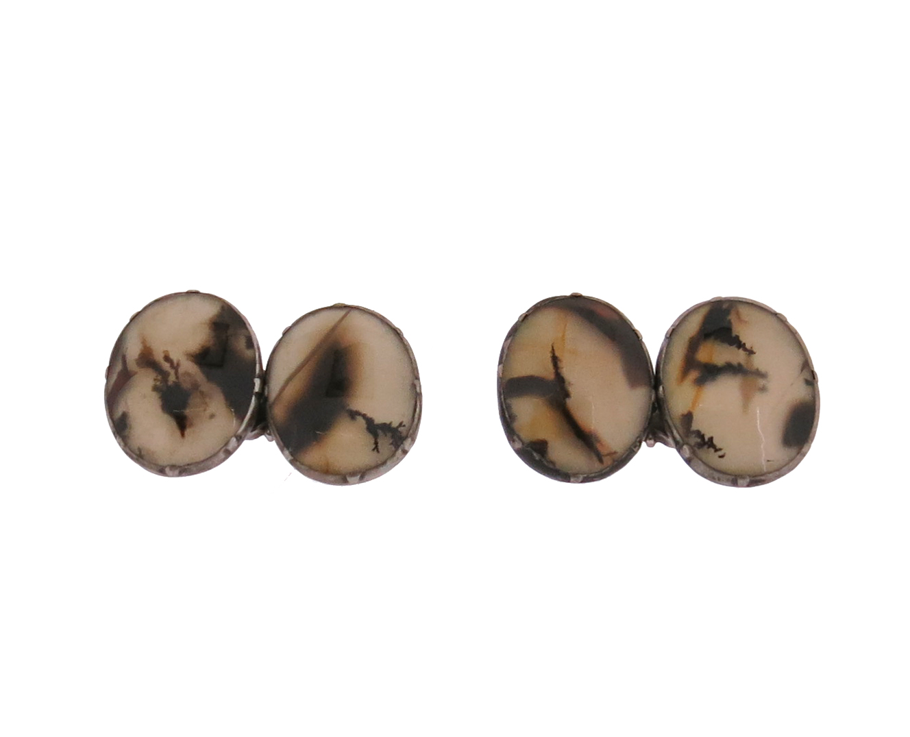 A pair of 18th century silver cufflinks, the oval links set with moss agate in closed-back silver