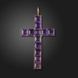 A Victorian amethyst and gold cruciform pendant, the cross set with square amethysts in yellow gold,