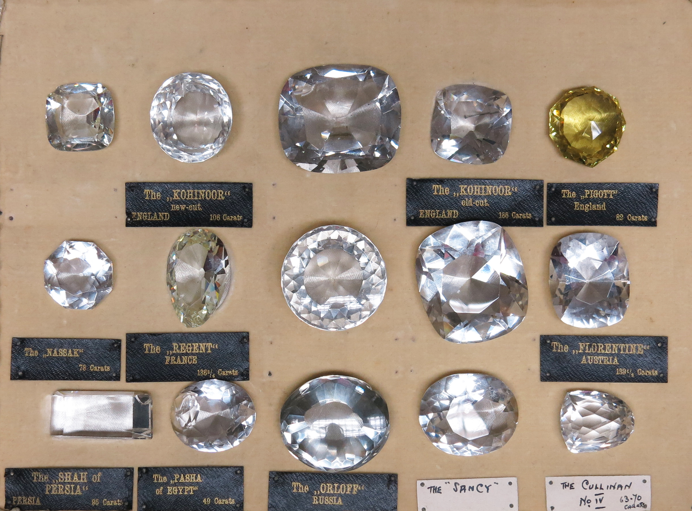 A set of historical diamond replicas, consisting of fifteen faceted paste diamond replicas,